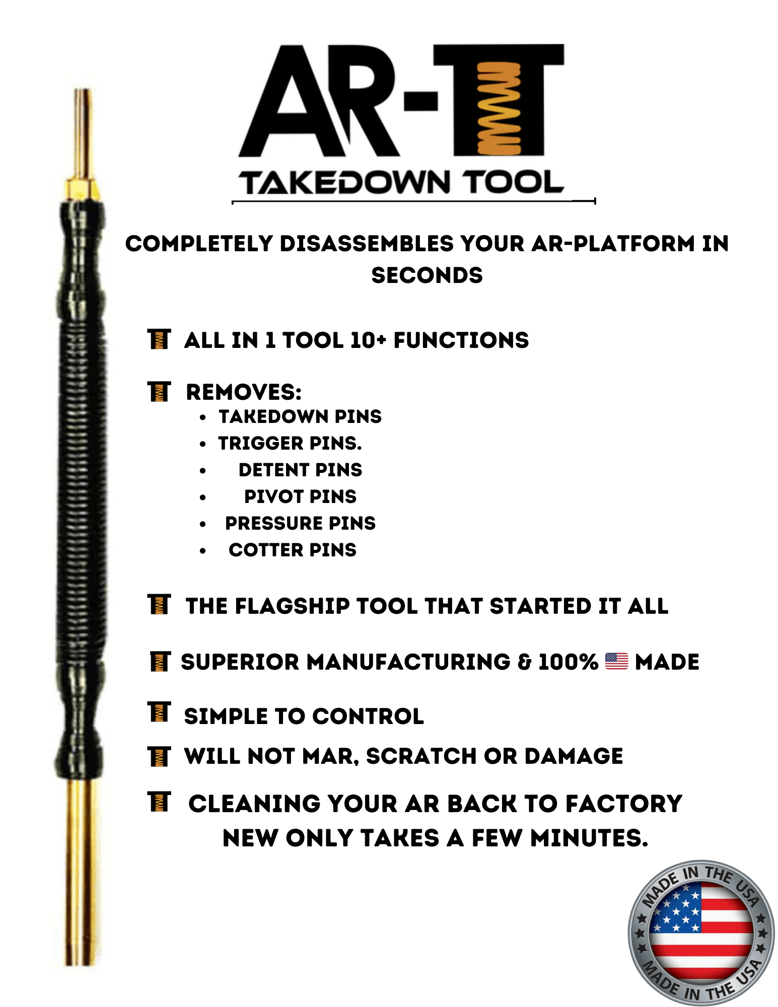 Product information sheet showing the AR-Takedown Tool with listed functions for AR-platform disassembly and maintenance