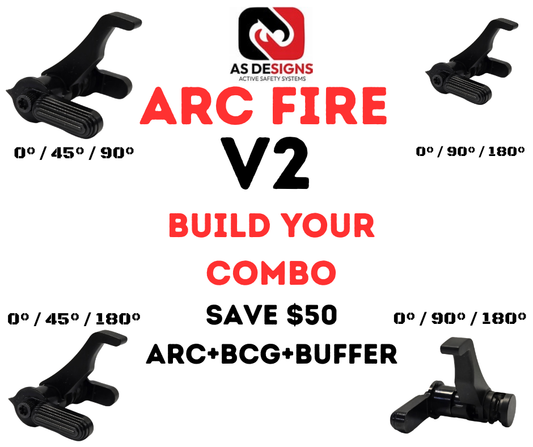 Promotional graphic for the AS Designs Arc Fire V2, showing four black metal arc fires. The text advertises a customizable combo and a $50 savings offer.