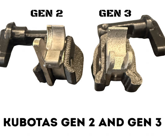 A comparison image showing two metal mechanical parts labeled 'GEN 2' and 'GEN 3' with the text 'KUBOTAS GEN 2 AND GEN 3' below, on a plain white background.