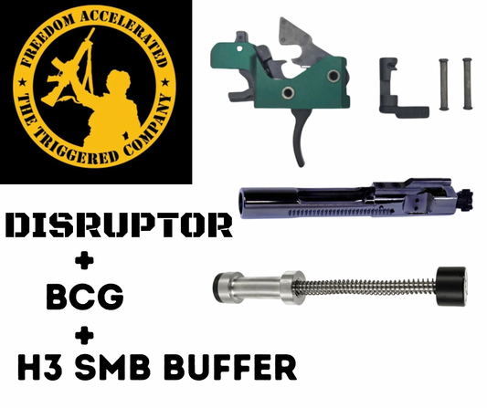 Gun components including a trigger, bolt carrier group (BCG), and buffer with 'Freedom Accelerated' logo.