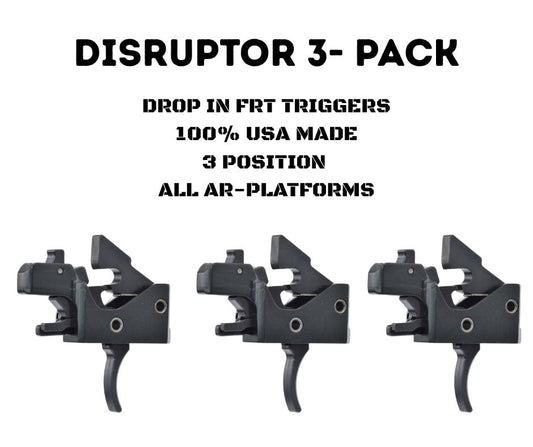 Three drop-in AR triggers labeled 'Disruptor 3-Pack' on a white background with text about their features.