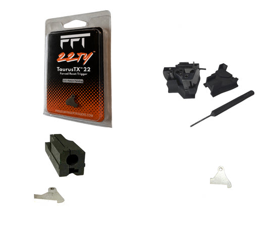 22TY TaurusTX-22 forced reset trigger kit with black striker channel housings, a TX 22 piece, and an instal kit, shown alongside the retail blister packaging on a white background.