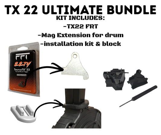 TX 22 Ultimate Bundle kit components on a white background, including a packaged Taurus TX-22 drum head, a silver metal mounting piece, a white plastic clip, black hardware pieces, and a small screwdriver. Text lists included items: TX22 FRT, mag extension for drum, and installation kit & block.