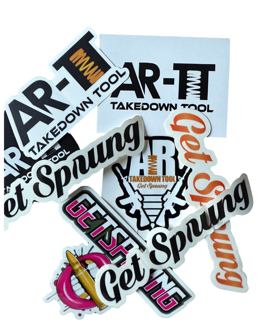 Collection of colorful stickers with text and graphics on a white background