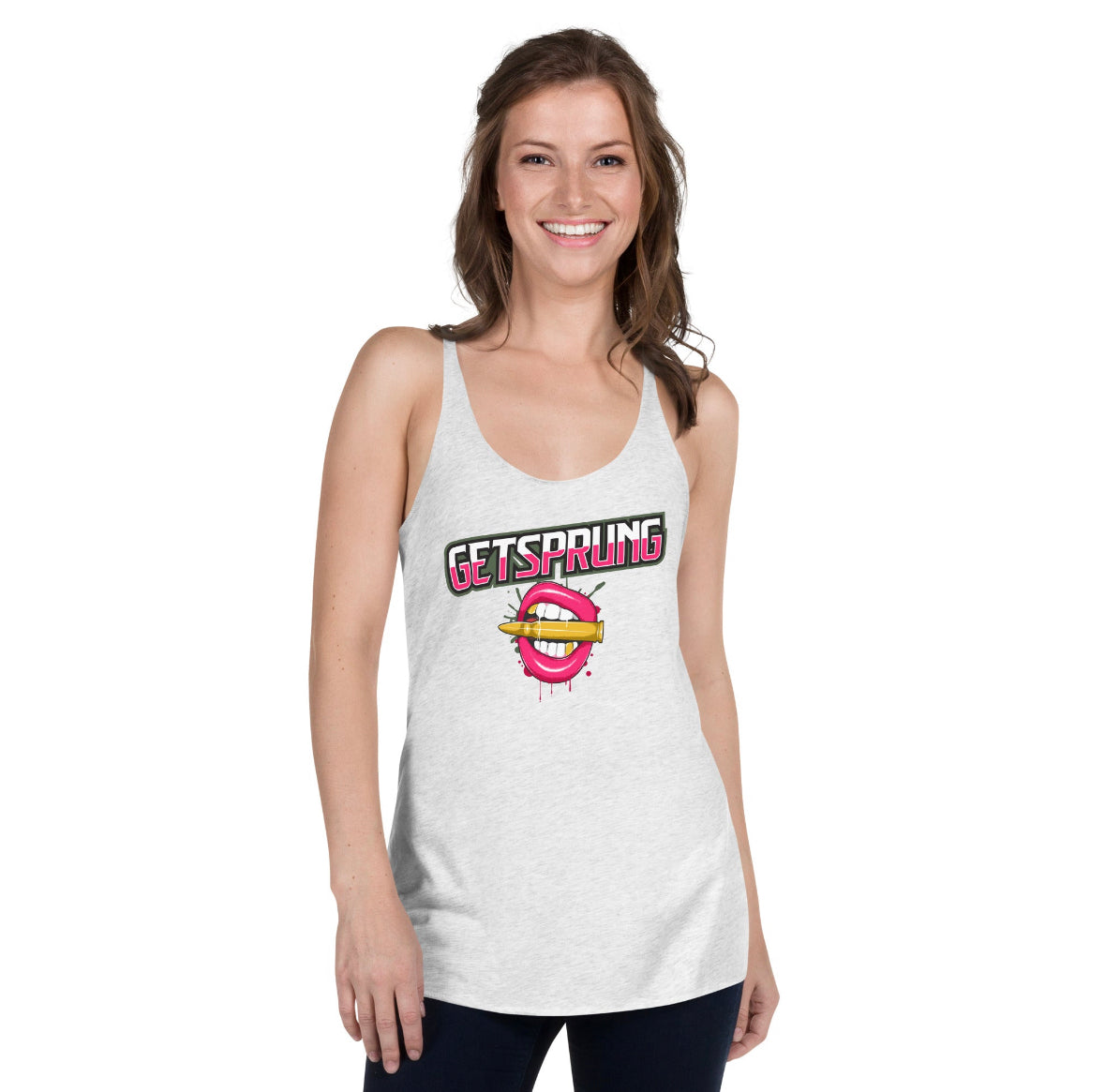 Authentic "Get Sprung" Women's Racerback Tank with Bullet lips with golden bullet v2 - AR TakeDown Tool 