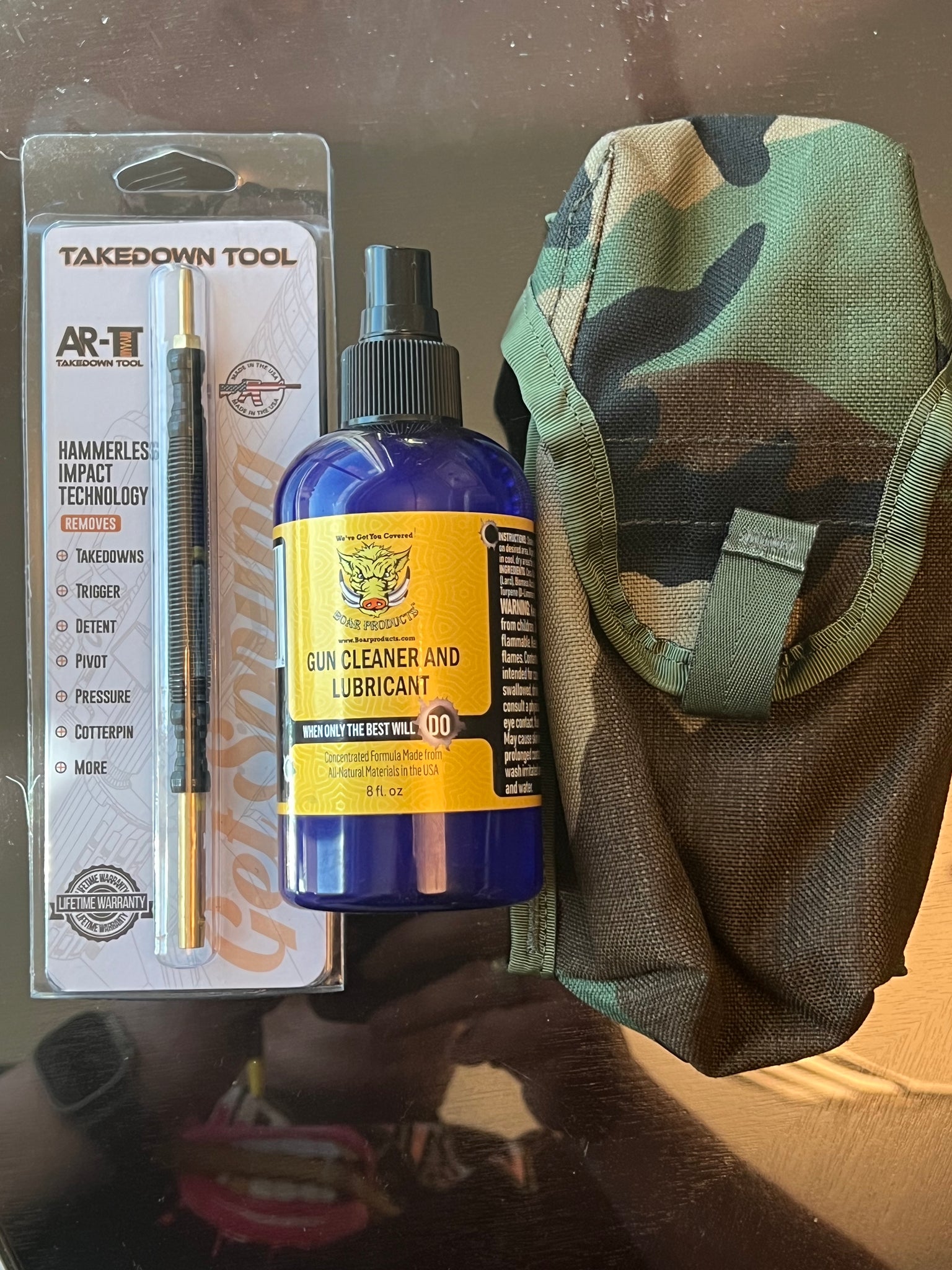 The Full cleaning solution for your AR, with The AR-Takedown Tool, Boar Products cleaner & Lubricant in US Mil Spec Mille pouch - AR TakeDown Tool